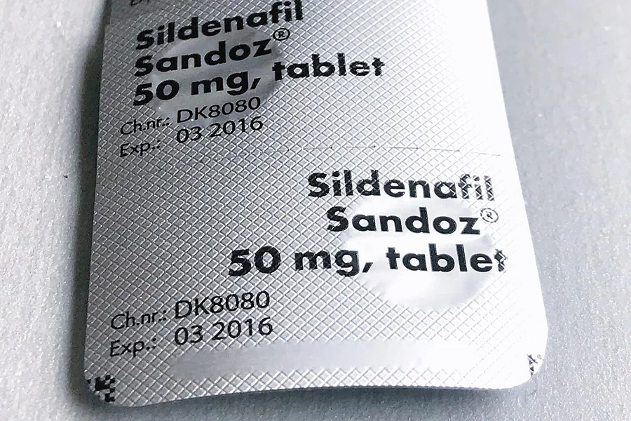 A foil blister of Sildenafil Sandoz 50 mg tablets